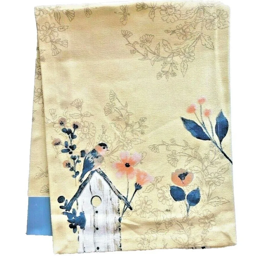 Nantucket Table Runner Yellow Birdhouse Birds Spring Floral 100% Cotton 13X72